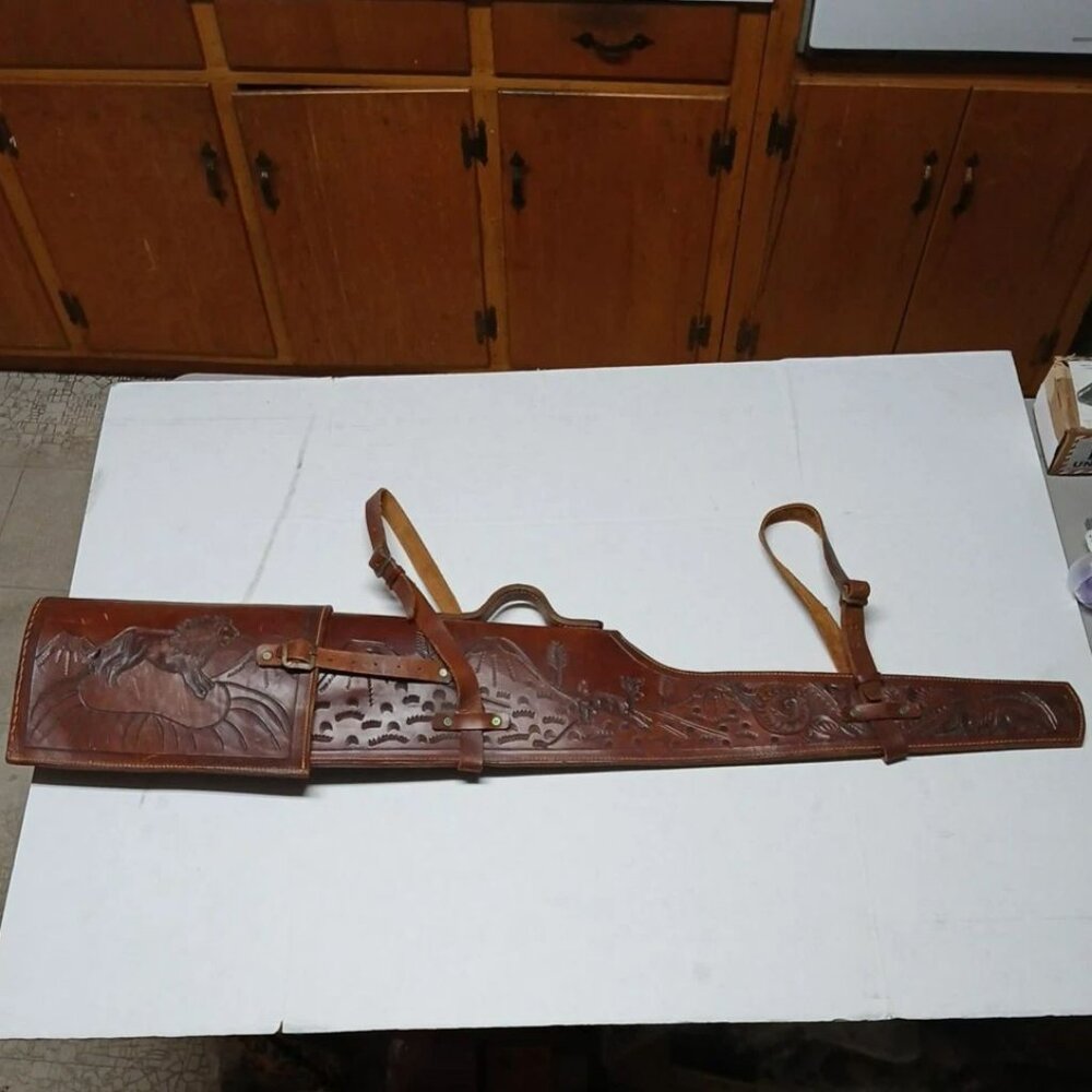 Hand-Tooled Leather Rifle Case Bag Made in Mexico Lion Stag Mesa Nautilus Design
